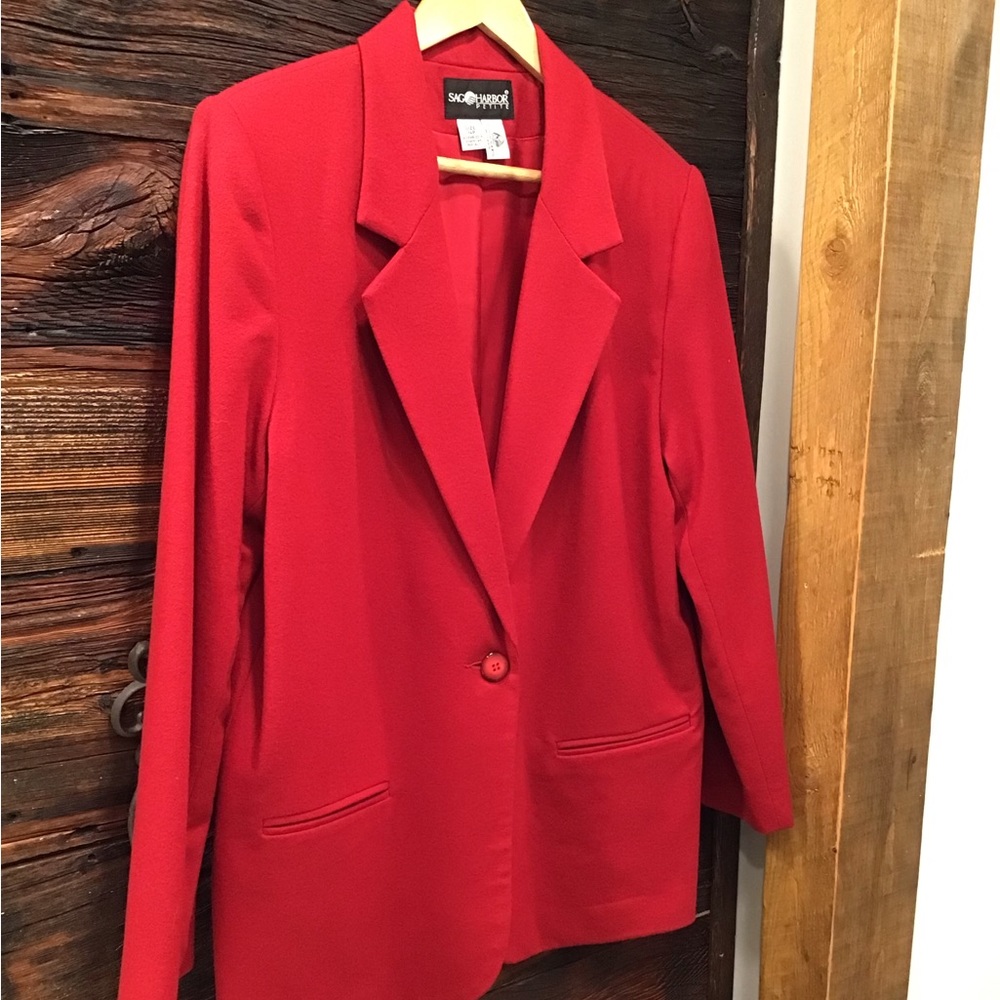 Sag Harbor Womens Wool Blazer Size 14P Single Breasted Shoulder Pads Red Jacket - Picture 3 of 15